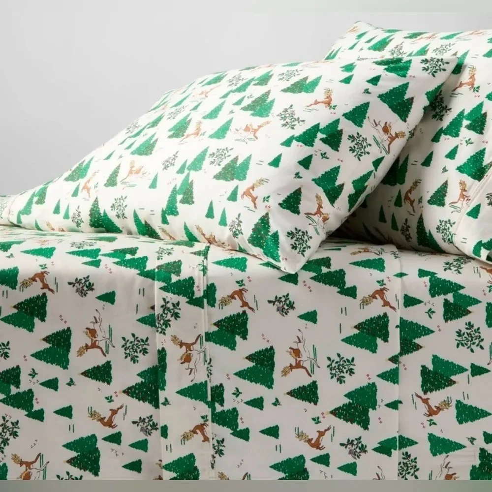 New Threshold Queen Sheet Set Holiday Christmas Tree Winter Scene 400 Thread